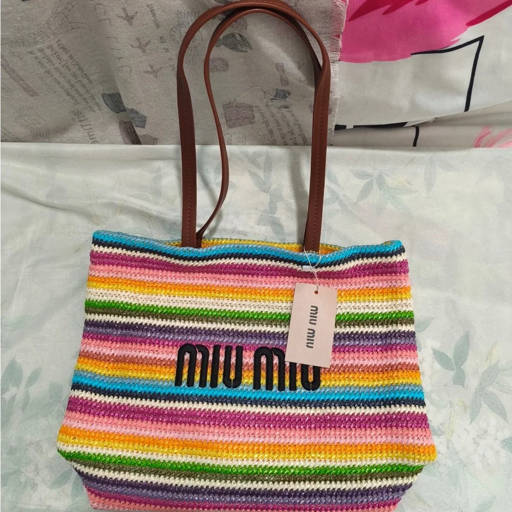 Miu Miu Rainbow Stripe Woven Tote Bag